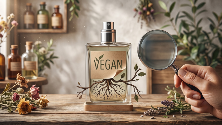 Bàn tay cầm kính hiển vi soi chai nước hoa dán nhãn Vegan có bộ rễ cây đâm chồi minh họa cách soi bảng thành phần nước hoa thuần chay.