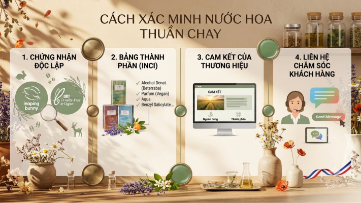 Infographic 4 cách xác minh nước hoa thuần chay gồm Chứng nhận độc lập, Bảng thành phần (INCI), Cam kết thương hiệu và Chăm sóc khách hàng của Poécile.