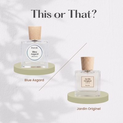Ảnh so sánh hai chai nước hoa thuần chay Poécile Bleu Asgard hương biển và Poécile Jardin Originel hương táo xanh với dòng chữ This or That.