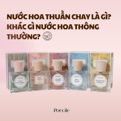 Hình ảnh so sánh nước hoa thuần chay là gì khác gì nước hoa thông thường cùng 5 chai nước hoa Poécile nắp gỗ sồi.