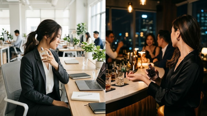 So sánh phụ nữ dùng nước hoa thanh lịch nơi công sở ban ngày và nước hoa quyến rũ tại quầy bar tiệc tối.
