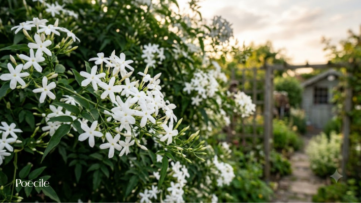 Bụi hoa nhài trắng Jasmine nở rộ trong khu vườn thực vật ngập tràn ánh nắng thương hiệu Poécile.