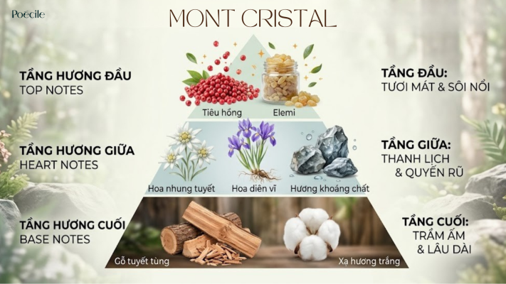 Infographic kim tự tháp 3 tầng hương nước hoa Mont Cristal gồm tiêu hồng, hoa nhung tuyết, hoa diên vĩ, hương khoáng chất, tuyết tùng và xạ hương trắng.