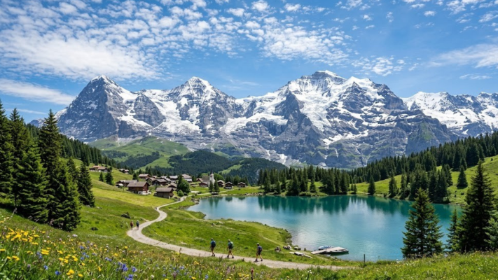 Khung cảnh dãy núi Alps phủ tuyết trắng hùng vĩ bên hồ nước xanh ngọc và đồng cỏ hoa dại Thụy Sĩ.