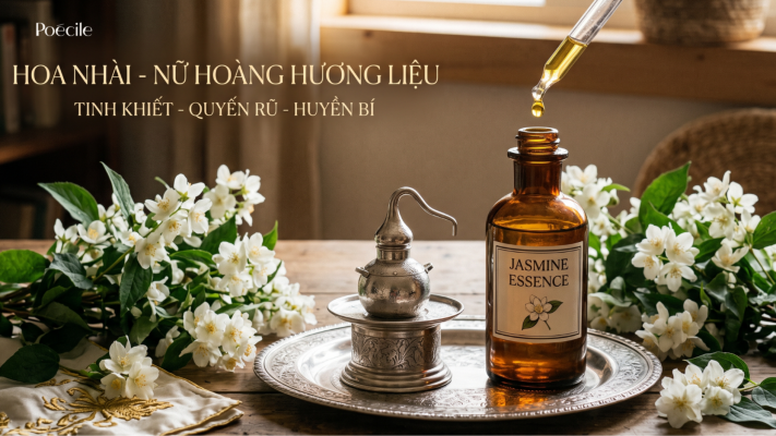 Chai tinh dầu hoa nhài Jasmine Essence và ống nhỏ giọt bên cạnh những cành hoa nhài trắng tinh khôi trên bàn gỗ chế tác.