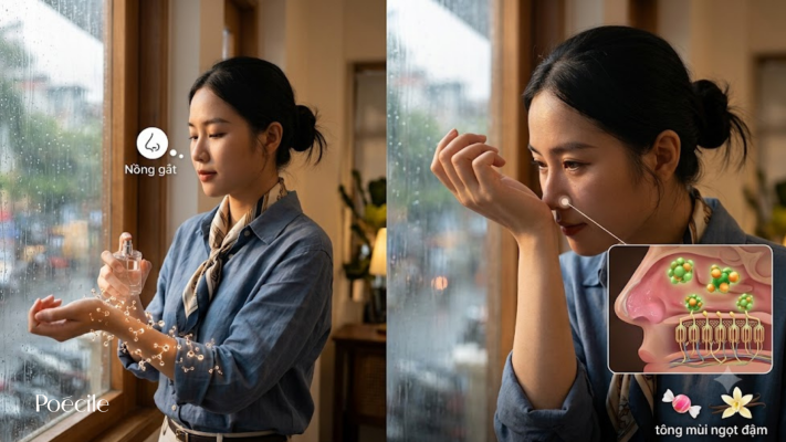 Minh họa cô gái xịt nước hoa bên cửa sổ ngày mưa và cơ chế khứu giác cảm nhận nốt hương ngọt đậm bị nồng gắt.