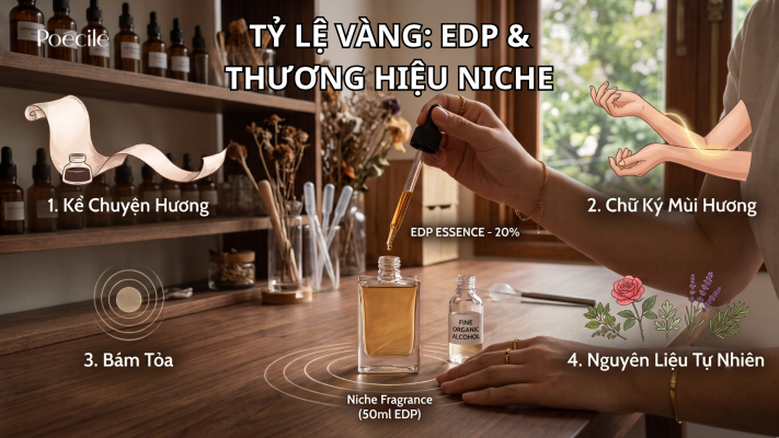 Infographic giải thích tỷ lệ vàng EDP và thương hiệu niche với quá trình nhỏ giọt tinh dầu 20% vào chai nước hoa Poécile.