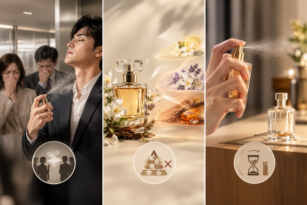 Minh họa 3 tác hại khi xịt quá nhiều nước hoa: gây khó chịu nơi công cộng, phá vỡ cấu trúc tháp hương và bay mùi nhanh.   