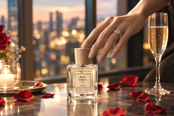 Bàn tay đeo nhẫn chạm vào nắp chai nước hoa thuần chay Poécile Rose Lutèce Paris trên bàn tiệc tối sang trọng cạnh ly champagne và hoa hồng.