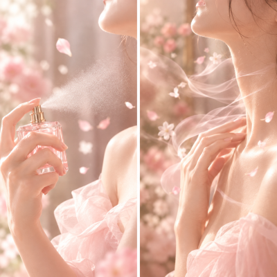 Cô gái xịt nước hoa tỏa sương mịn lên vùng cổ và làn da mềm mại ngập tràn cánh hoa hồng rơi dịu dàng.