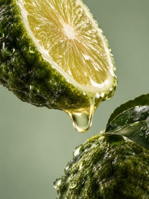 Cận cảnh nửa quả cam Bergamot Calabria mọng nước đang rơi một giọt tinh dầu màu vàng óng ánh bên trên quả nguyên vẹn đọng sương[cite: 15, 16].