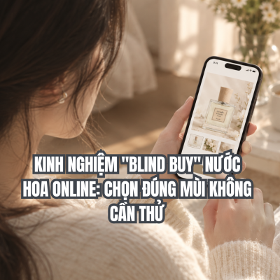 Cô gái mặc áo len trắng đang cầm điện thoại thông minh lướt xem và đặt mua nước hoa Poécile online trong không gian phòng ấm áp.