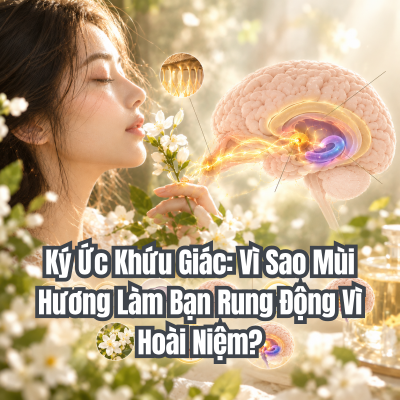 Poster bài viết về ký ức khứu giác với hình ảnh cô gái ngửi hoa trắng và mô hình giải phẫu não bộ kết nối cảm xúc hoài niệm.
