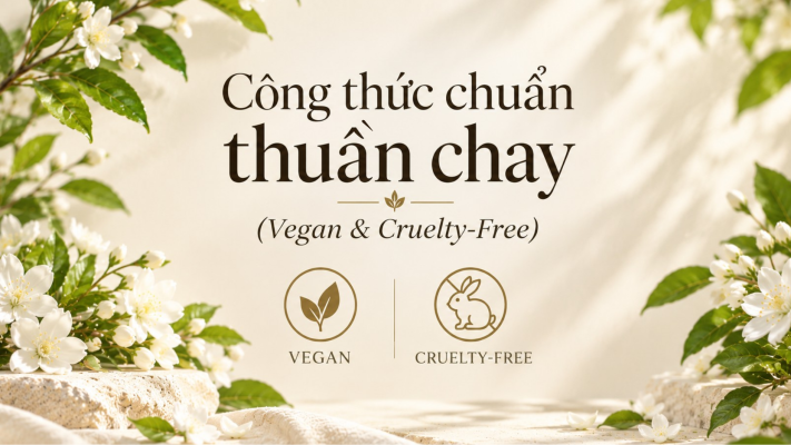 Biểu tượng chứng nhận công thức chuẩn thuần chay Vegan và Cruelty-Free không thử nghiệm trên động vật bên hoa nhài trắng thanh khiết.   