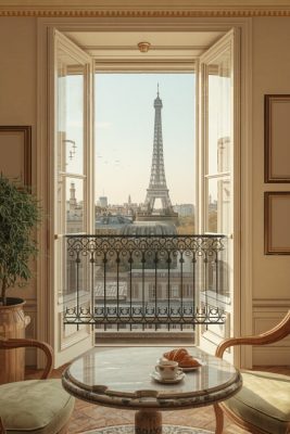 Khung cửa sổ ban công kiểu Pháp nhìn thẳng ra tháp Eiffel với bàn trà cà phê và bánh croissant buổi sáng.