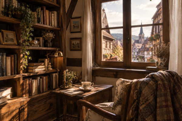 Góc đọc sách bằng gỗ cổ điển ngập nắng ấm bên khung cửa sổ nhìn ra thị trấn Alsace nước Pháp cùng tách trà nóng bốc khói nhẹ.