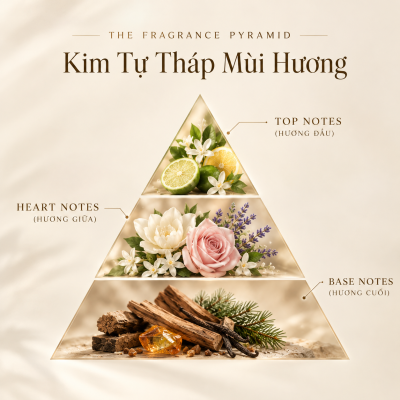 Infographic kim tự tháp mùi hương nước hoa chia làm 3 tầng: Top Notes, Heart Notes và Base Notes với các thành phần tự nhiên.