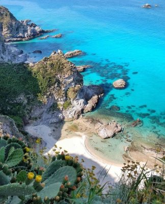 Vịnh biển Calabria miền Nam nước Ý với làn nước xanh ngọc bích và vách đá phủ xương rồng nở hoa vàng.