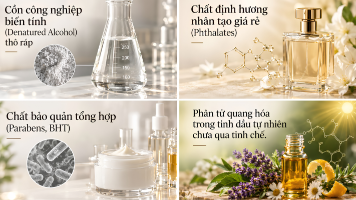 Infographic tổng hợp 4 thành phần dễ gây kích ứng cho da nhạy cảm trong nước hoa gồm cồn biến tính, phthalates, parabens BHT và phân tử quang hóa.   
